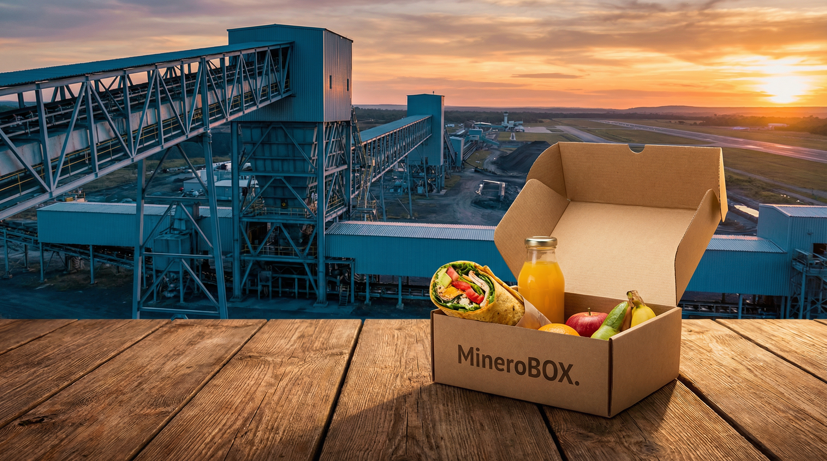 MineroBOX en aeropuerto al atardecer